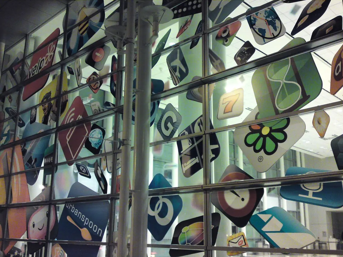 A wall of App Store icons at Moscone West during Apple’s 2009 developer conference