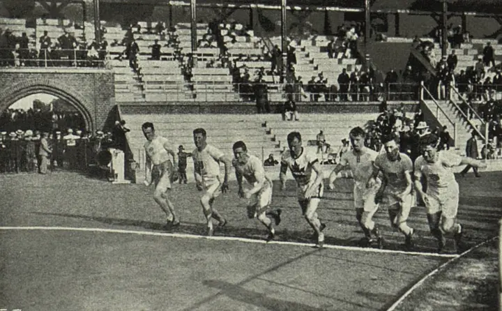 The start of the pentathlon 1,500 metres in Stockholm Olympic Stadium, 7 July 1912. Thorpe won the race in 4:44.8