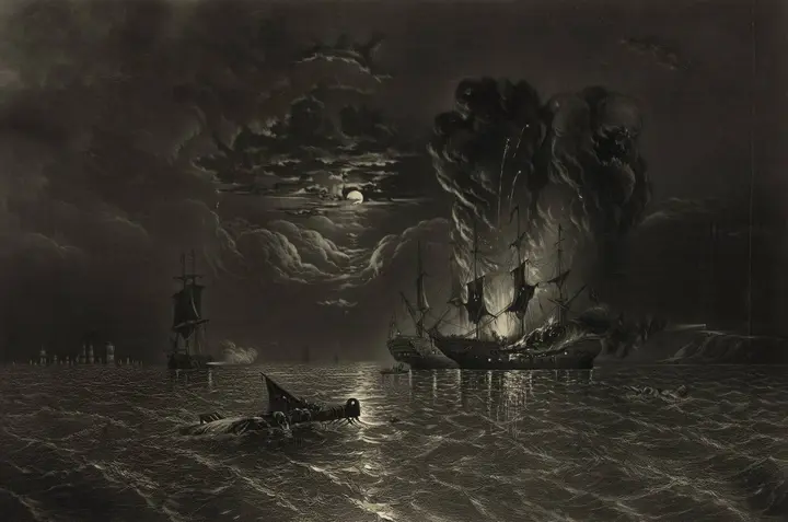Moonlight, smoke and fire: the two ships locked together while the convoy waits inshore, after a painting by James Hamilton.