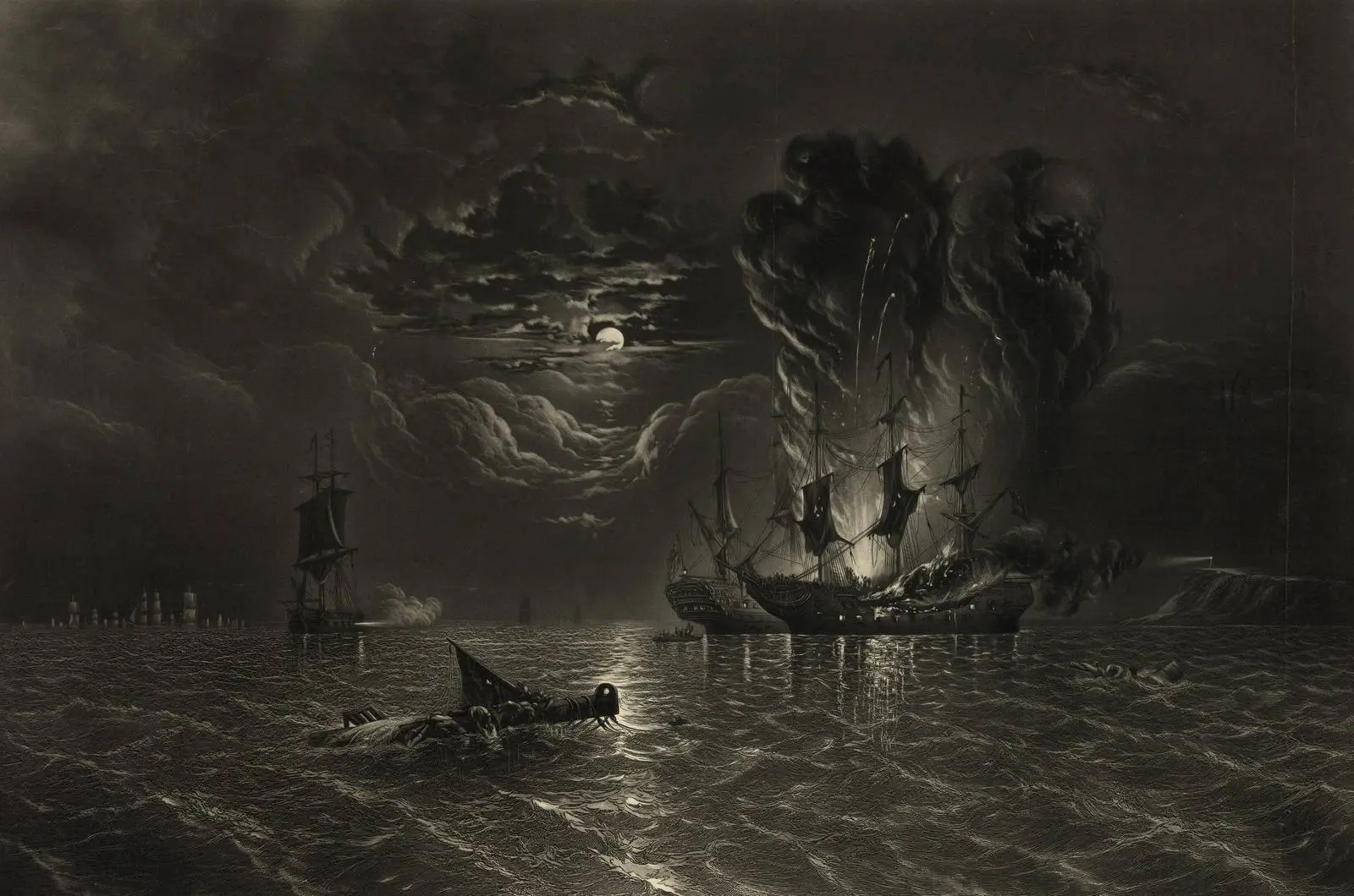 Moonlight, smoke and fire: the two ships locked together while the convoy waits inshore, after a painting by James Hamilton.