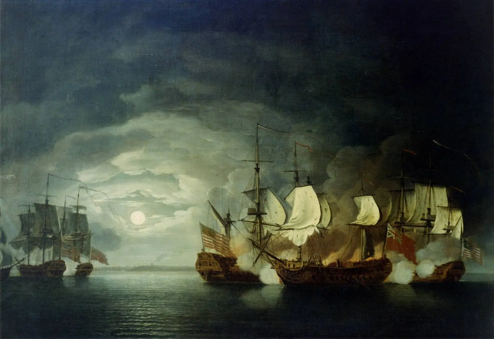 Bonhomme Richard, center, and HMS Serapis locked together and burning under the moon off Flamborough Head, painted by Thomas Mitchell in 1780.