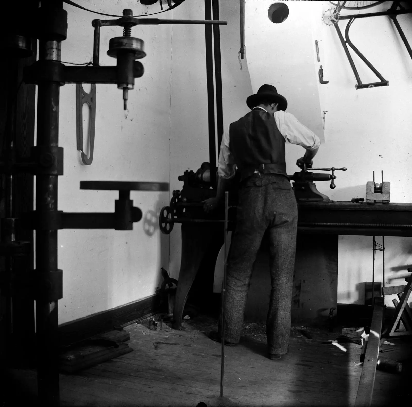 Wilbur Wright at work in the Wright Cycle Company shop, Dayton, Ohio, 1897