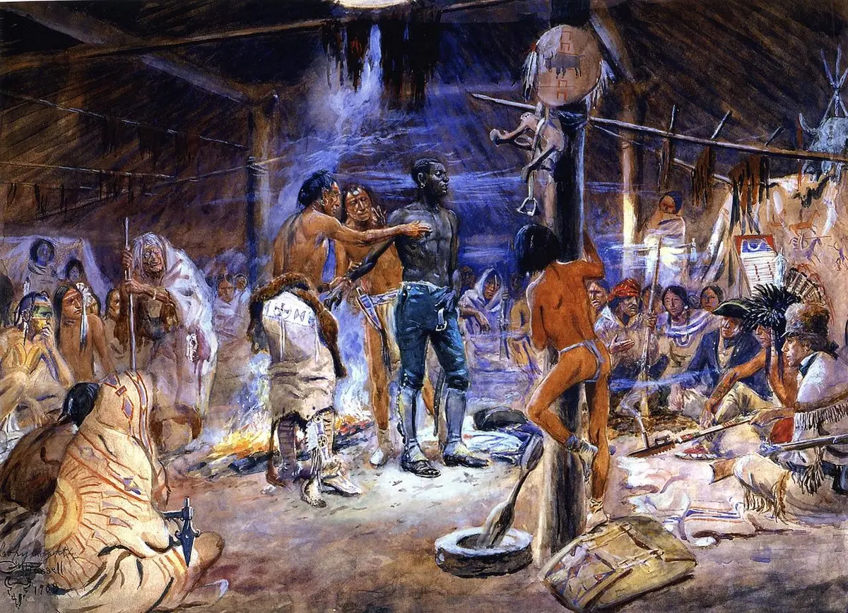 York, Clark’s enslaved man, in an earth lodge at the Knife River villages in the winter of 1804–05. Charles M. Russell, 1908.