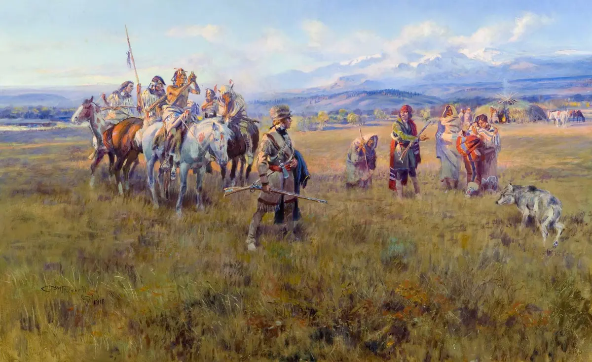 Lewis and Clark Reach Shoshone Camp Led by Sacajawea, Charles M. Russell, 1918.