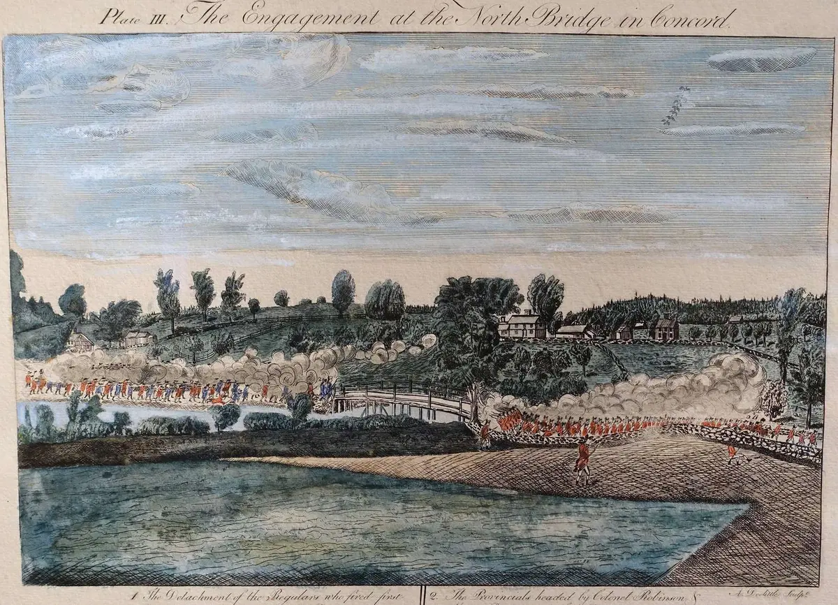 The Engagement at the North Bridge in Concord, Plate III of Amos Doolittle’s 1775 engravings: the regulars fire first at the bridge as Col. Robinson and Major Buttrick lead the militia down to it.