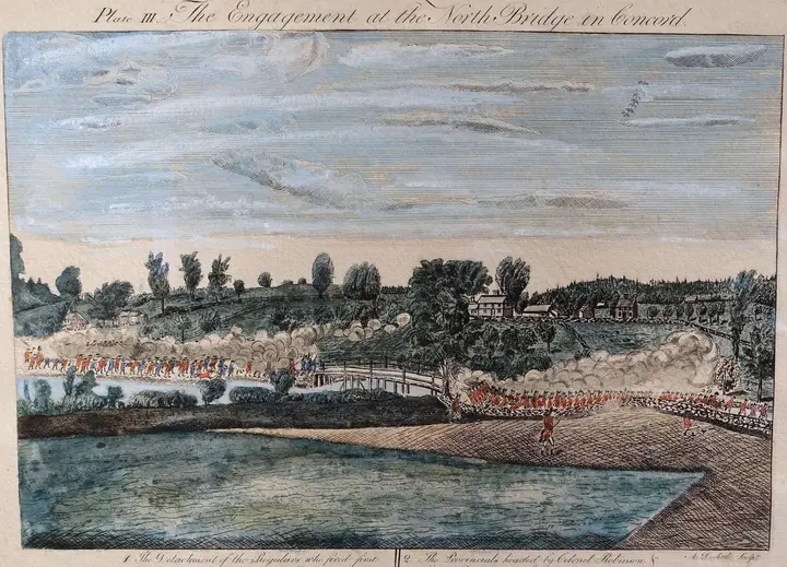 The Engagement at the North Bridge in Concord, Plate III of Amos Doolittle’s 1775 engravings: the regulars fire first at the bridge as Col. Robinson and Major Buttrick lead the militia down to it.