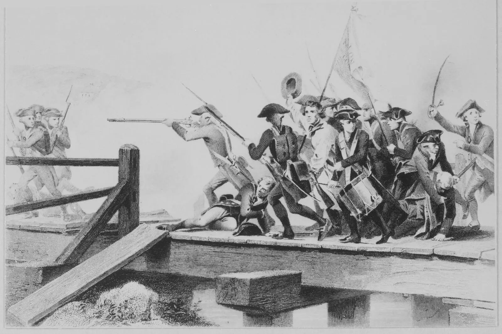 The Struggle at Concord Bridge, engraved by W. J. Edwards after Alonzo Chappel, about 1859.