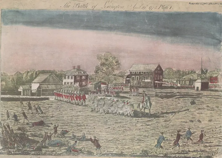 The Battle of Lexington, Plate I of the engravings Amos Doolittle made from sketches of the scene in the weeks after the battle and published in December 1775.