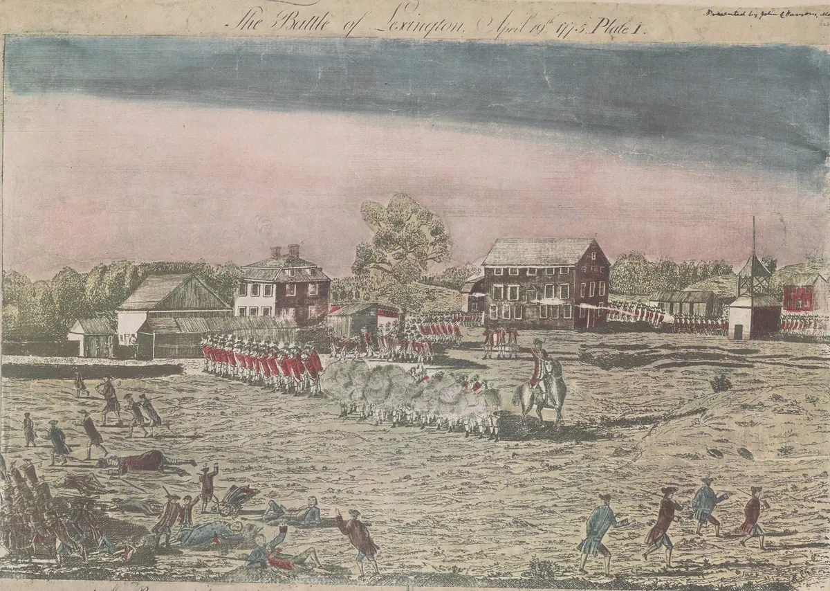 The Battle of Lexington, Plate I of the engravings Amos Doolittle made from sketches of the scene in the weeks after the battle and published in December 1775.