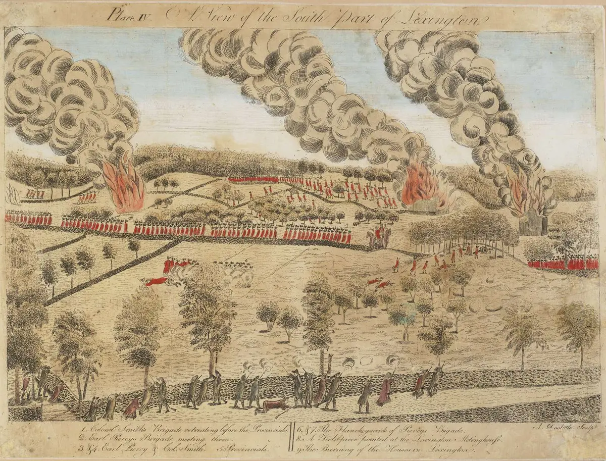 A View of the South Part of Lexington, Plate IV of Doolittle’s engravings: Lord Percy’s brigade meets Smith’s retreating column as houses burn.