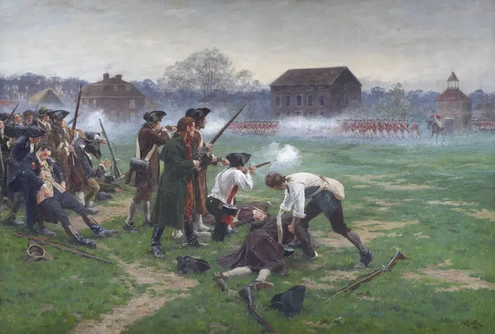 The Battle of Lexington, 19 April 1775: Parker’s militia return fire on the Green as the regulars advance (William Barnes Wollen, 1910).