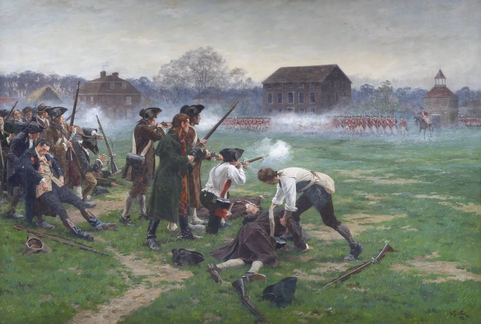 The Battle of Lexington, 19 April 1775: Parker’s militia return fire on the Green as the regulars advance (William Barnes Wollen, 1910).