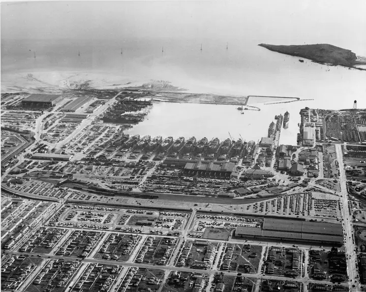 Kaiser’s Richmond Shipyard No. 2, where the Robert E. Peary was built, seen from the air in December 1944.
