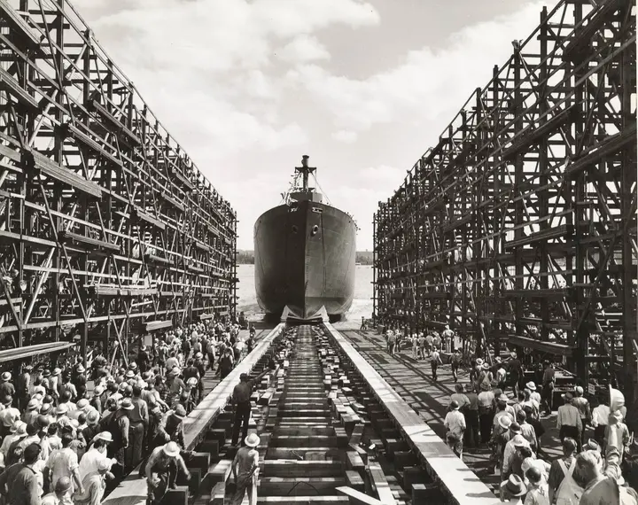 Liberty ship slides down the ways at the Kaiser shipyard, Vancouver, Washington