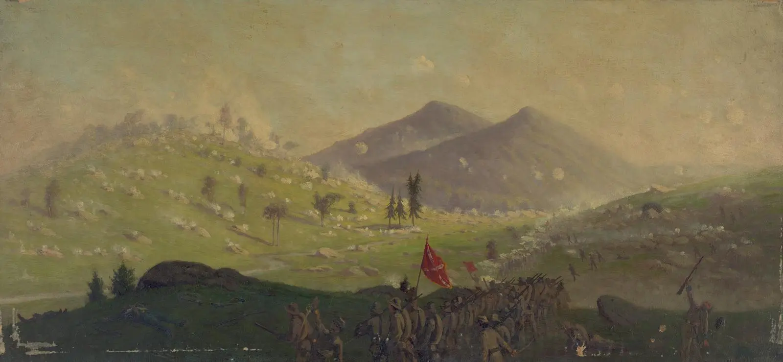 Attack on Little Round Top, held by the Fifth Corps: Edwin Forbes's 1865 oil, with the two Round Tops rising above the smoke.