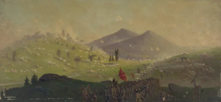 Attack on Little Round Top, held by the Fifth Corps: Edwin Forbes's 1865 oil, with the two Round Tops rising above the smoke.