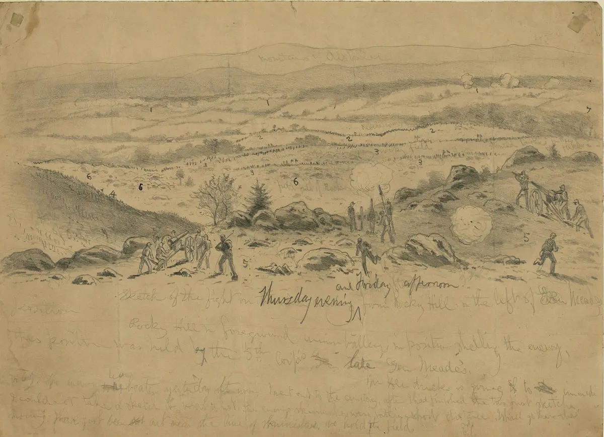 Edwin Forbes sketched this view from the summit of Little Round Top in 1863, with Union guns firing on Longstreet's advance in the valley below.