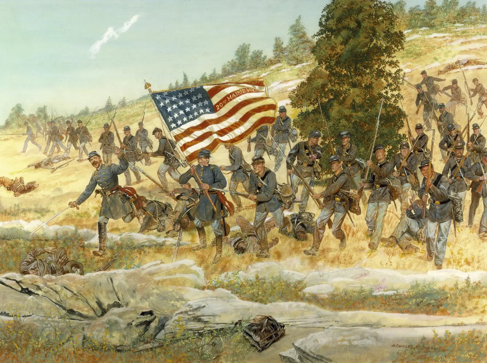 The 20th Maine charges down Little Round Top with fixed bayonets, 2 July 1863, in H. Charles McBarron Jr.'s National Guard Heritage painting.