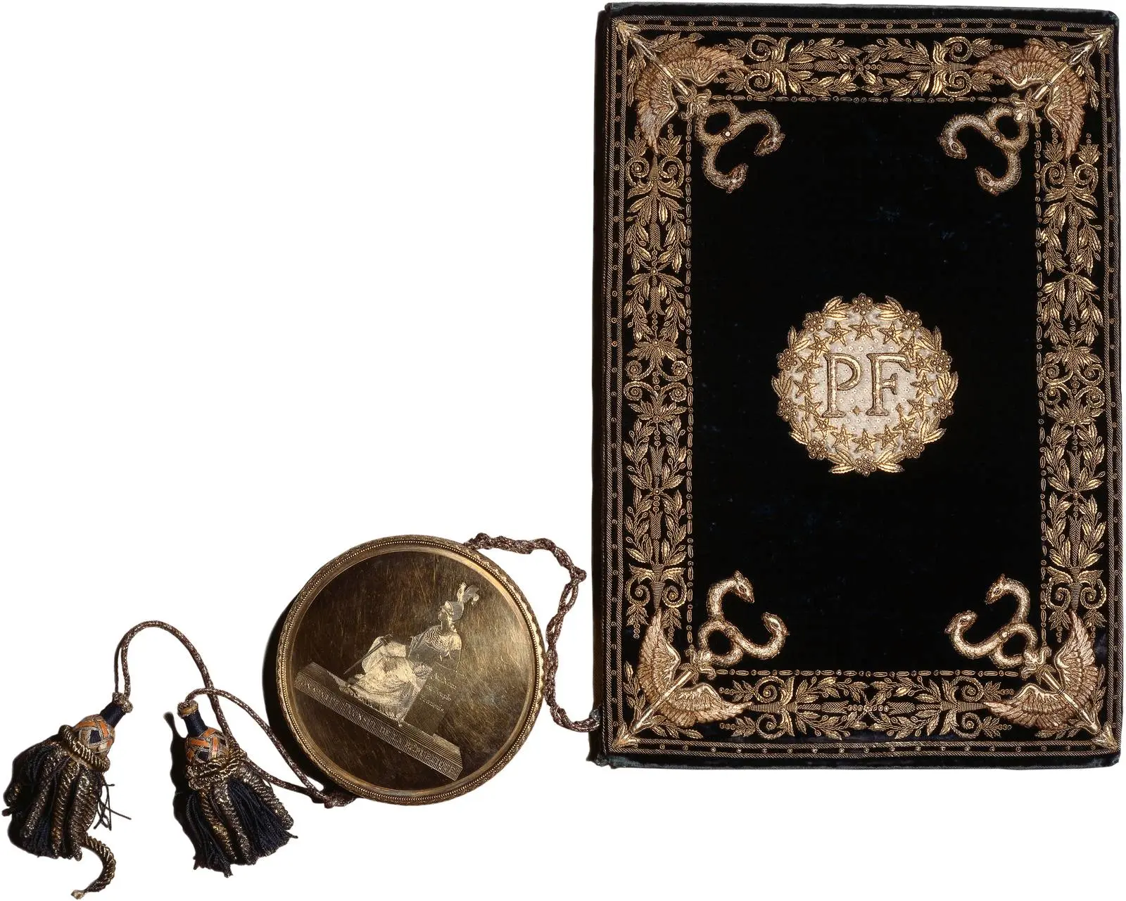 The embroidered velvet cover and seal box of France’s exchange copy of the convention for the 60 million francs, now held at the National Archives.