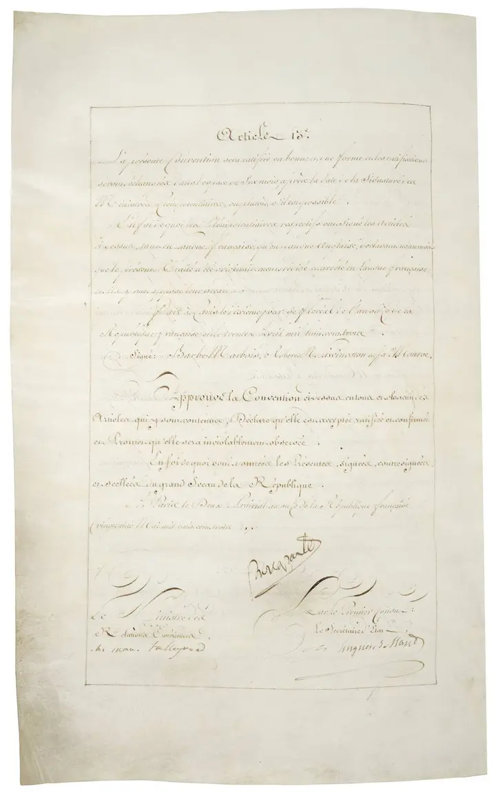 France’s ratification of the convention for the 60 million francs, signed “Bonaparte” by the First Consul himself.
