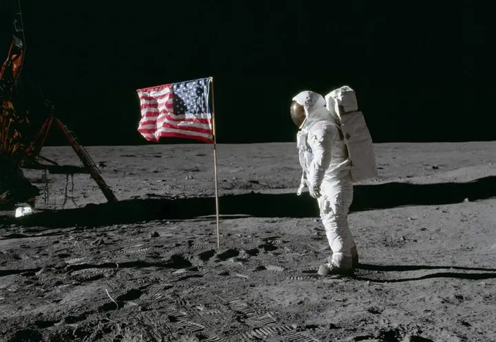 Buzz Aldrin beside the U.S. flag at Tranquility Base, July 20, 1969 (AS11-40-5875)
