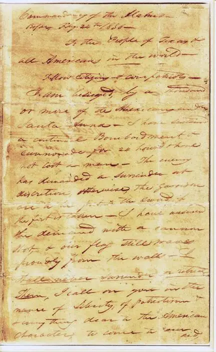 The first page of Travis’s letter from the Alamo, 24 February 1836.