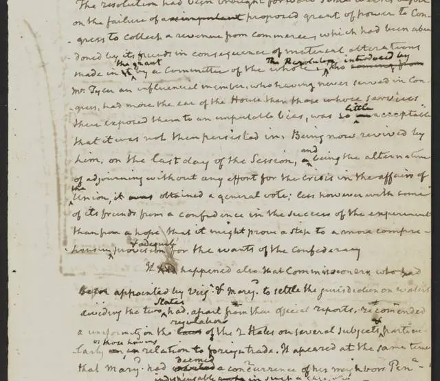 A page from James Madison's manuscript notes on the Federal Convention, in his own hand.