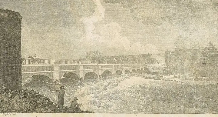 The stone aqueduct that carried the canal over the Genesee River at Rochester, in an early engraving