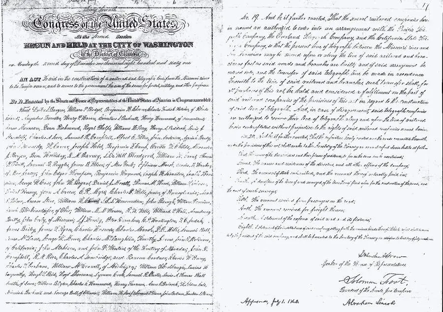 First and last pages of the Pacific Railway Act, signed by Abraham Lincoln on 1 July 1862
