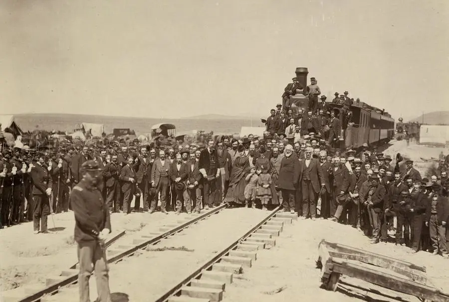 Union Pacific officers and crews at the laying of the last rail, Promontory Summit, 10 May 1869