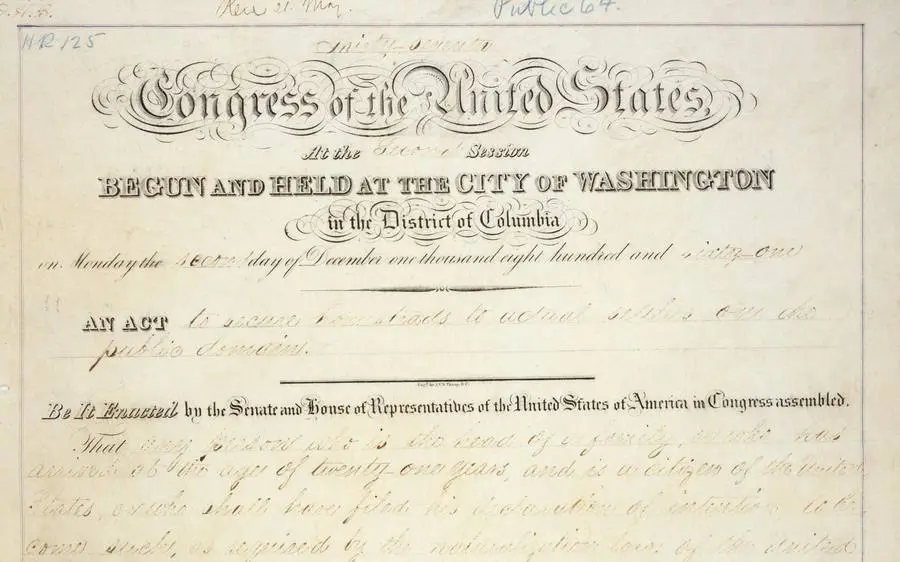 The opening of the Homestead Act as passed by the 37th Congress and signed on 20 May 1862.