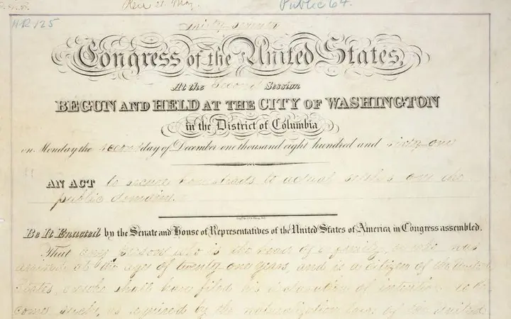 The opening of the Homestead Act as passed by the 37th Congress and signed on 20 May 1862.