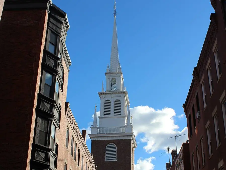 The steeple of the Old North Church in Boston’s North End, where two lanterns hung on the night of 18 April 1775.