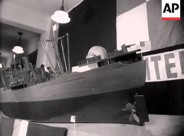 Henry Kaiser’s model Liberty ship in a December 1942 newsreel on the Robert E. Peary.
