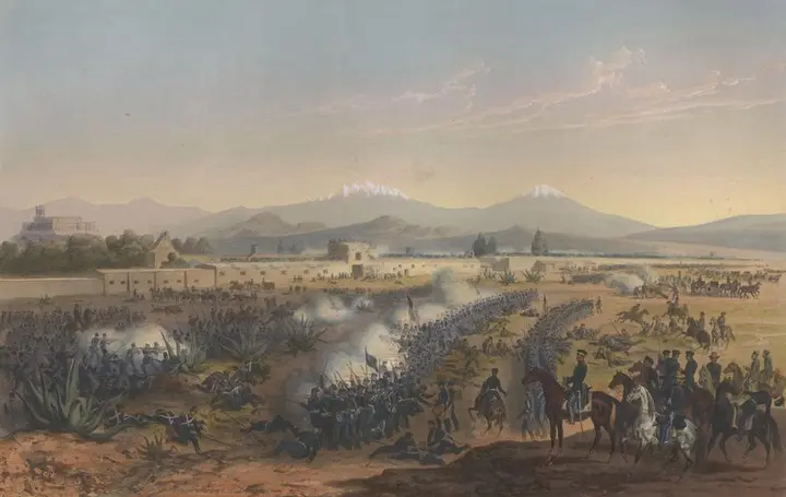 Worth’s division attacks the mills of Molino del Rey, 8 September 1847, Chapultepec at left (Carl Nebel, 1851).
