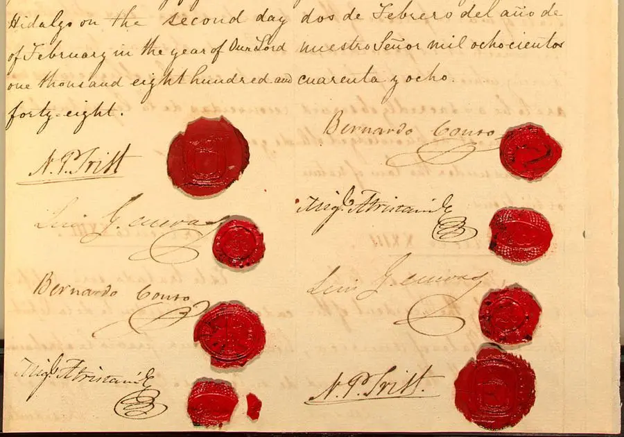 The signatures and seals of Nicholas Trist and the Mexican commissioners on the Treaty of Guadalupe Hidalgo, 2 February 1848.