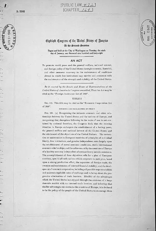 First page of the Foreign Assistance Act of 1948, Public Law 80-472, whose Title I is the Economic Cooperation Act.