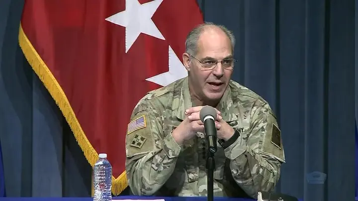 Gen. Gus Perna briefs the press on vaccine distribution, 14 December 2020 (video still).