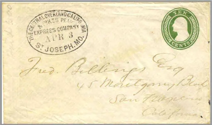 The only known cover from the first westbound Pony Express, postmarked at St. Joseph on 3 April 1860 and addressed to San Francisco.