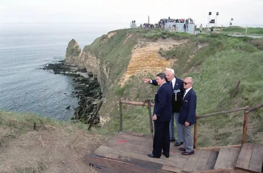 President Reagan with former Rangers at Pointe du Hoc, 6 June 1984