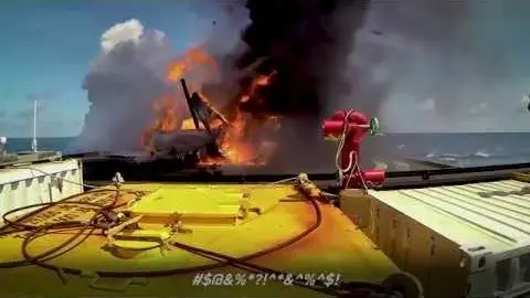 An early Falcon 9 landing attempt ends in flames on the drone ship (video still).