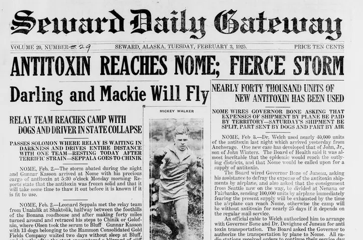 Front page of the Seward Daily Gateway, 3 February 1925: “Antitoxin Reaches Nome; Fierce Storm.”
