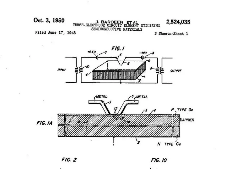 U.S. Patent 2,524,035, Bardeen and Brattain's point-contact transistor, granted 3 October 1950
