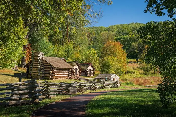 Reconstructed huts of the Commander in Chief’s Guard, the unit Steuben’s model company joined, at Valley Forge.