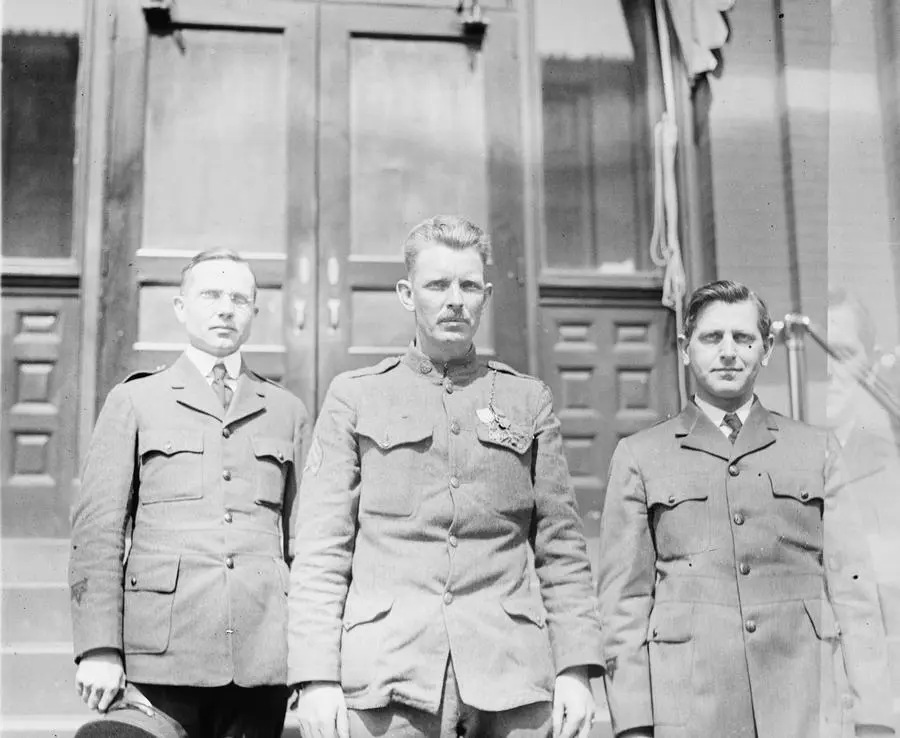 Sgt. Alvin C. York with two Army officers, 1918–1920