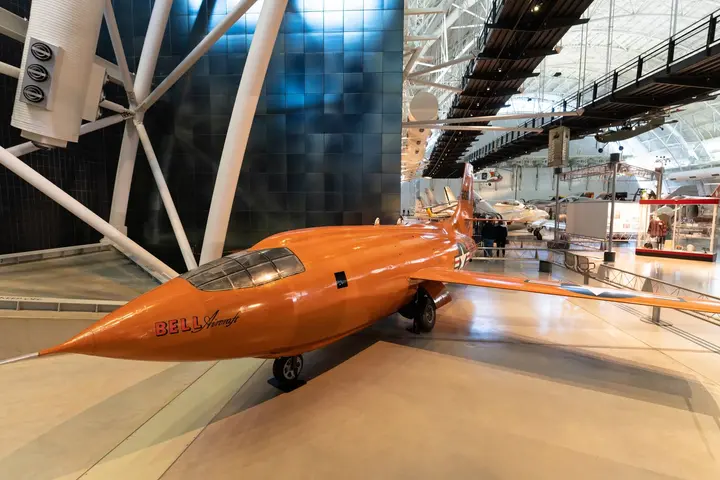 Glamorous Glennis, the first airplane to fly faster than sound, at the Smithsonian's Steven F. Udvar-Hazy Center in 2023.