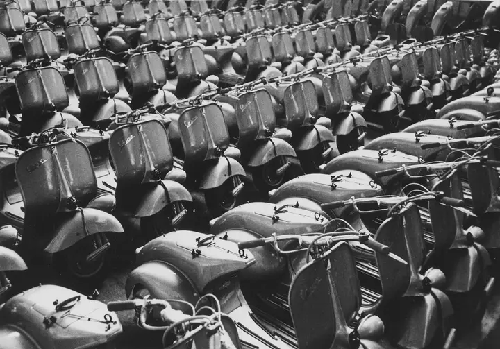 Rows of new Vespa scooters at the Piaggio plant in Pontedera, near Pisa. Marshall Plan funds helped put Italian factories back into production.