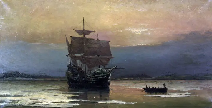 The Mayflower at anchor in Plymouth Harbor, painted by William Halsall in 1882.