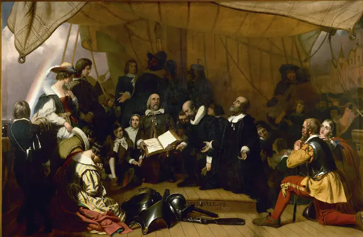 Embarkation of the Pilgrims, Robert W. Weir's 1843 painting in the U.S. Capitol Rotunda: Elder William Brewster holds the Bible as the congregation prays aboard the Speedwell at Delfshaven, Holland, in July 1620.