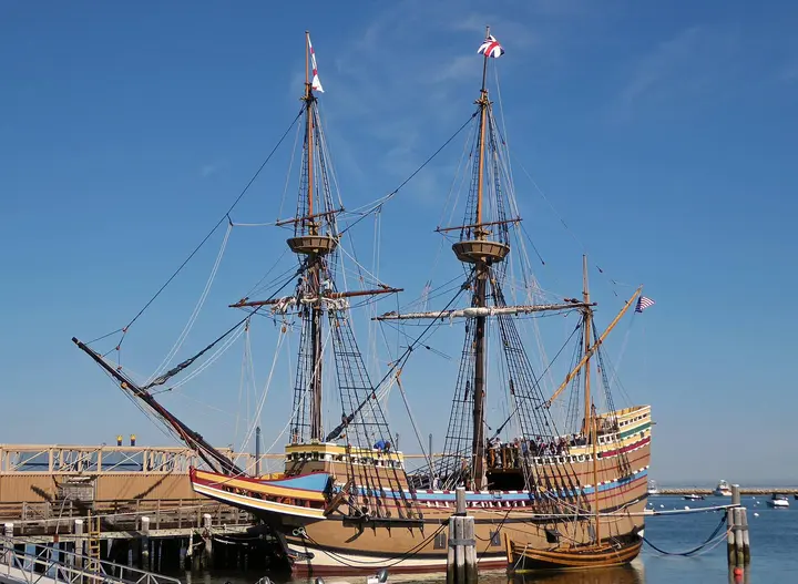 Mayflower II, the full-size reproduction that sailed from Plymouth, England, to Plymouth, Massachusetts, in 54 days in 1957, at her berth in 2022.